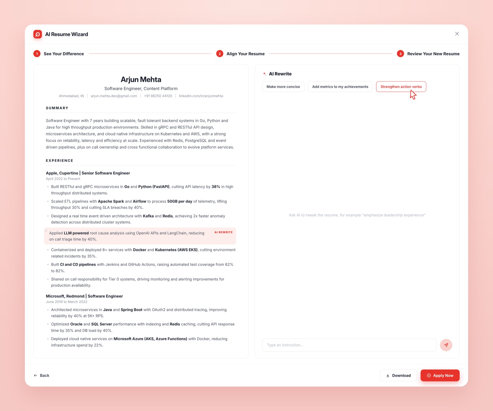 The AI Resume Wizard: a tailored resume beside AI rewrite controls for tightening wording and adding metrics.