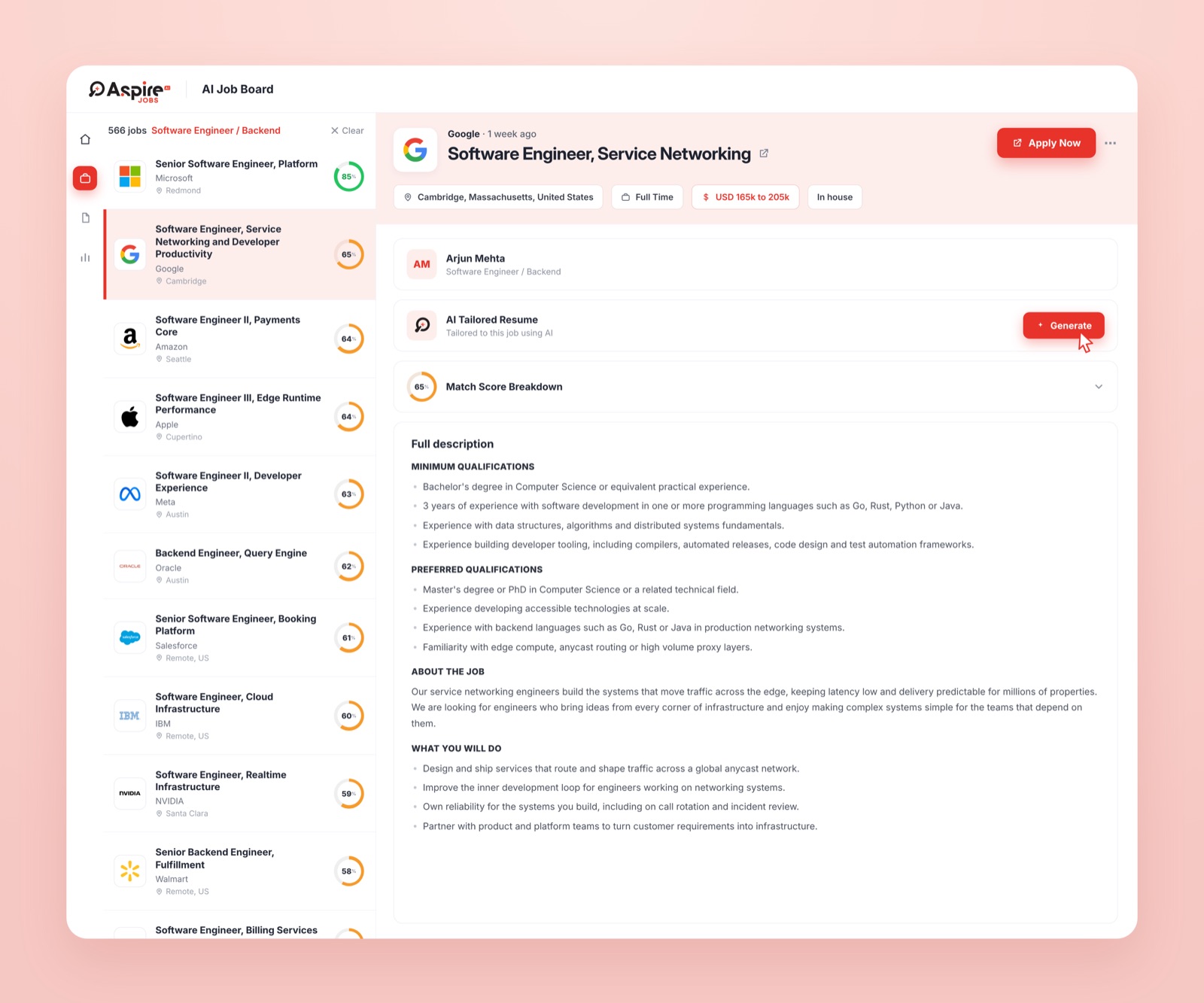 The AI Job Board screen: a ranked feed of roles, each with a match score, next to the full description of the selected job.