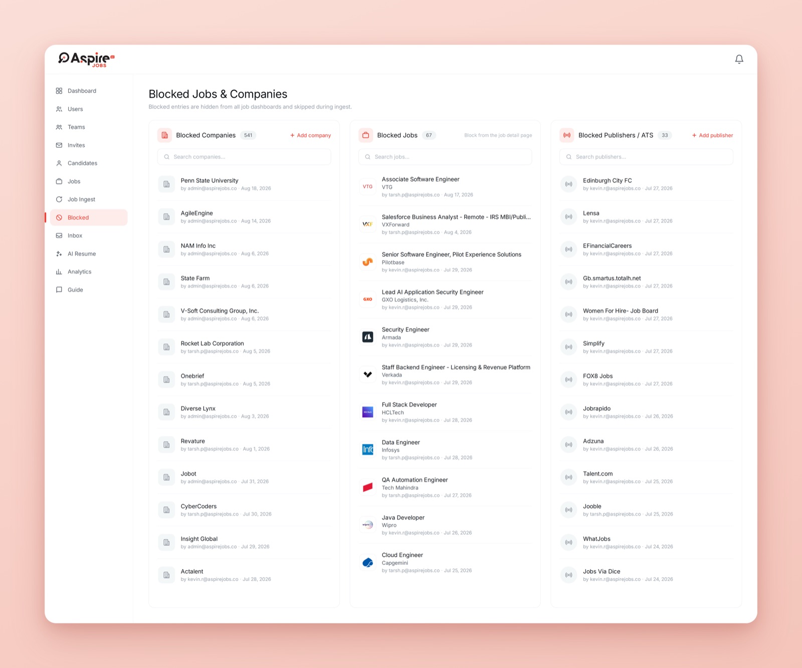 The Blocked Jobs and Companies screen: three lists covering blocked companies, blocked jobs, and blocked publishers or ATS sources.