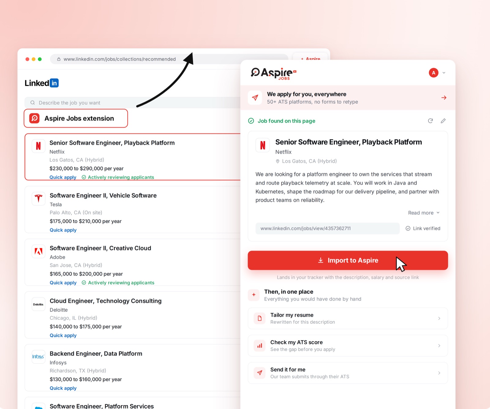 The Aspire Jobs browser extension importing a role straight from a LinkedIn job listing.