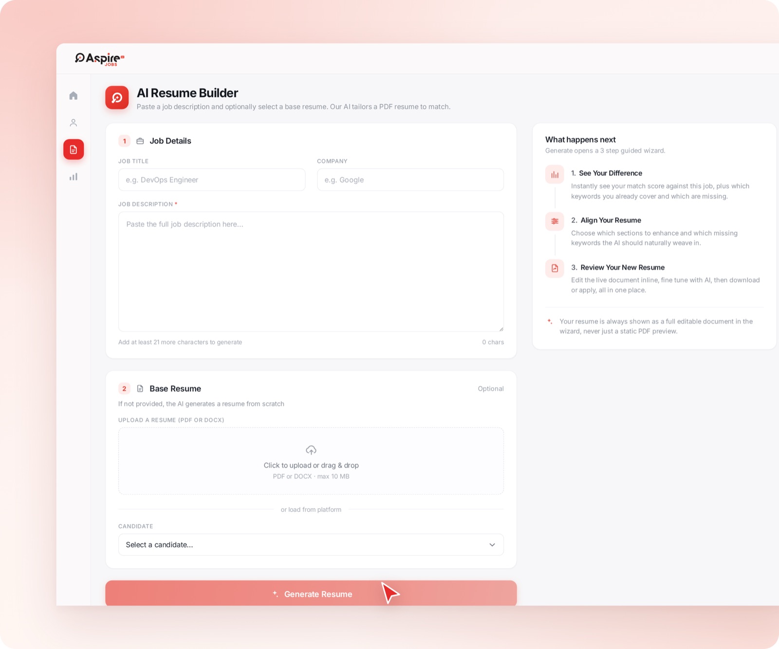 The AI Resume Builder screen: paste a job description, optionally pick a base resume, and generate a tailored PDF.